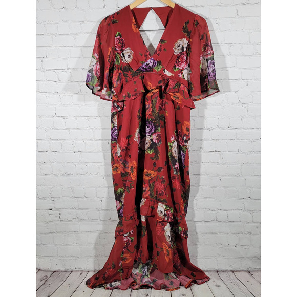 Hope & Ivy Maternity Flutter Sleeve Midi Tea Dress In Mixed Floral 6 NWT - Picture 2 of 14